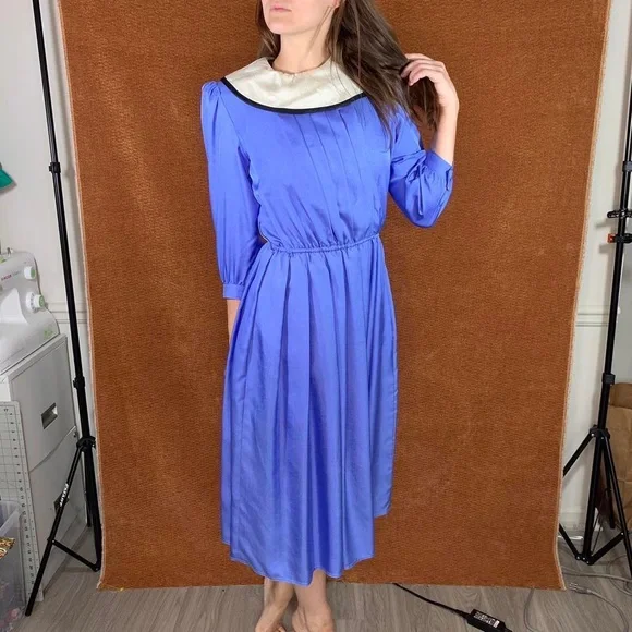 Vintage Joan Sparks Pleated Collared Prairie Blue Midi A-Line Dress, Size M. - Picture 4 of 4
